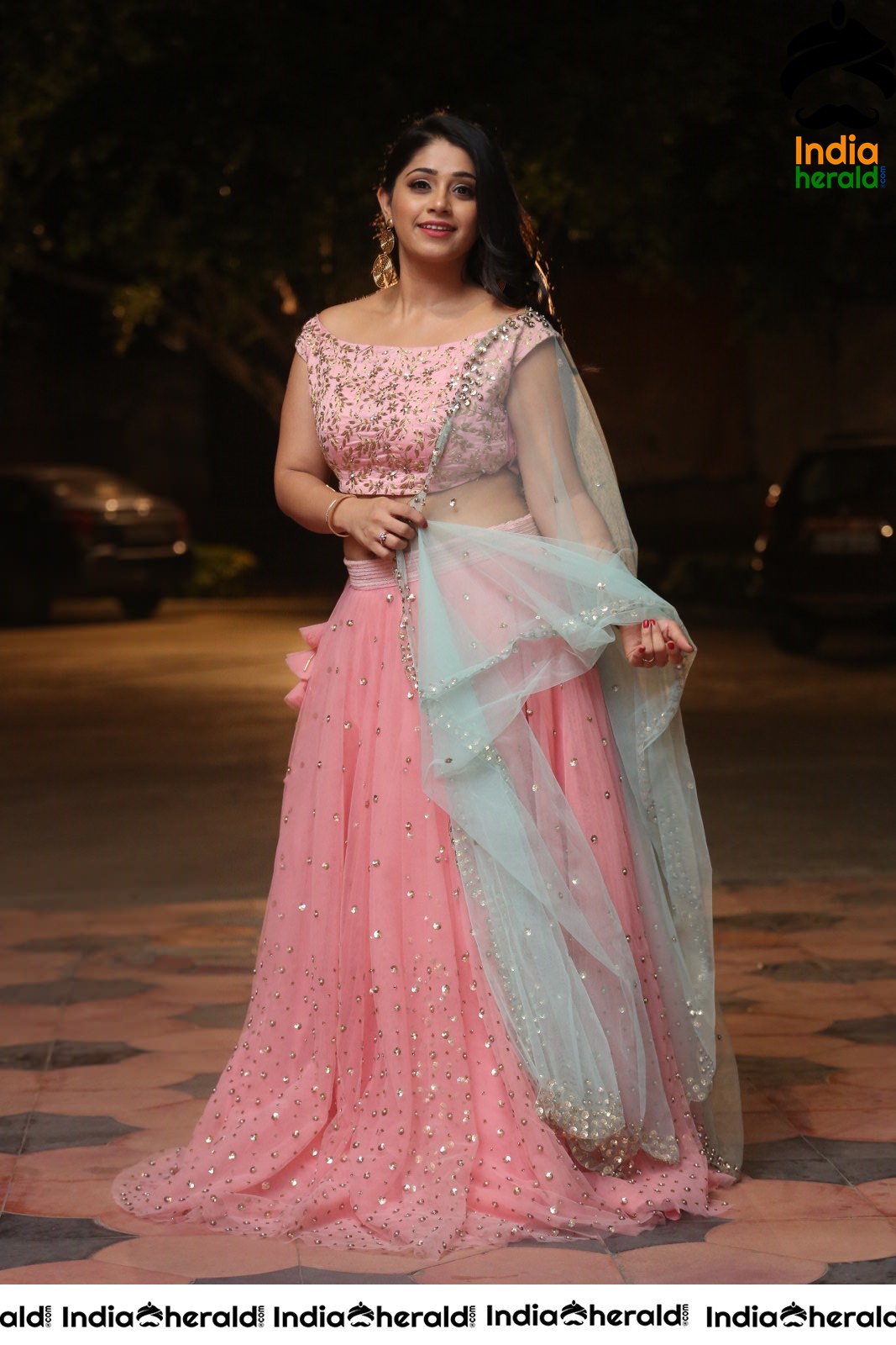 Chandni Bhagwanani Exposing her Waistline and Navel in Pink Attire Set 2