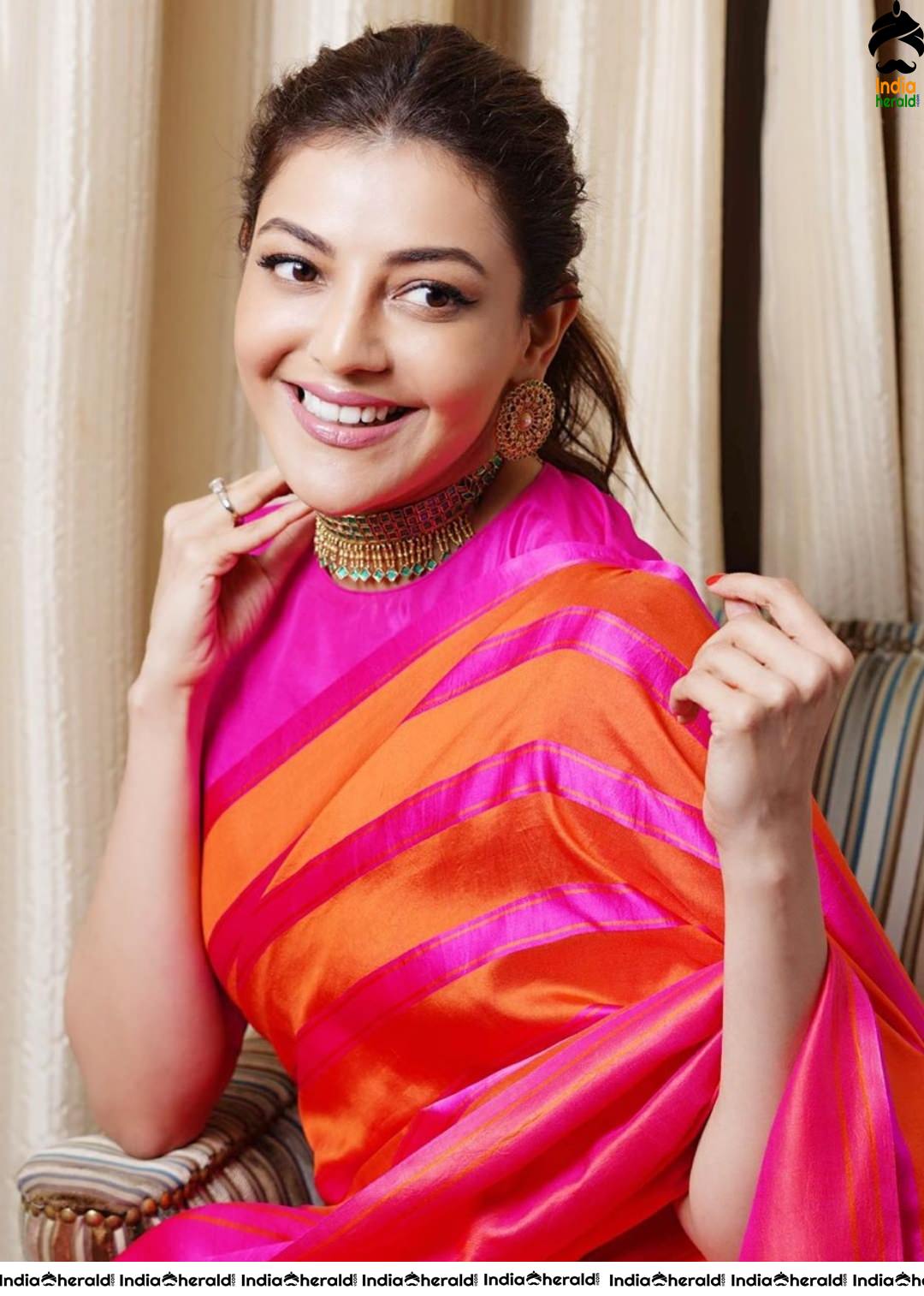 Kajal Aggarwal Adorable Photos in Saree with Full neck Blouse