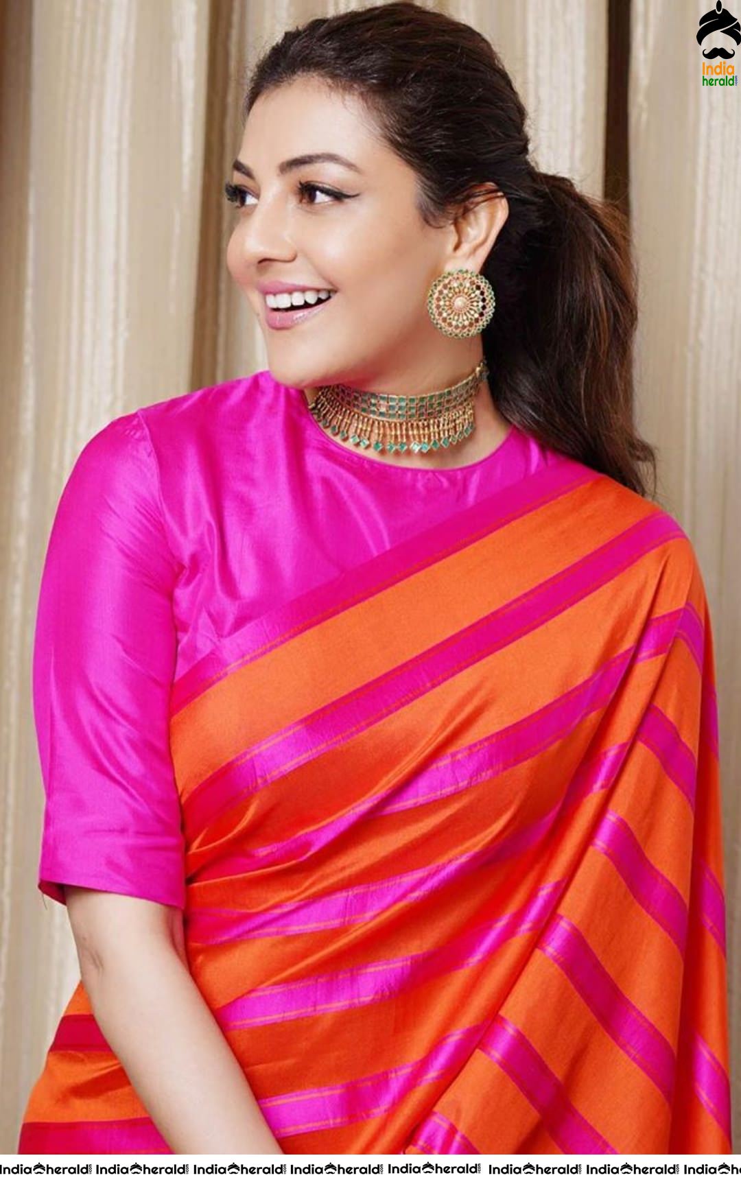 Kajal Aggarwal Adorable Photos in Saree with Full neck Blouse