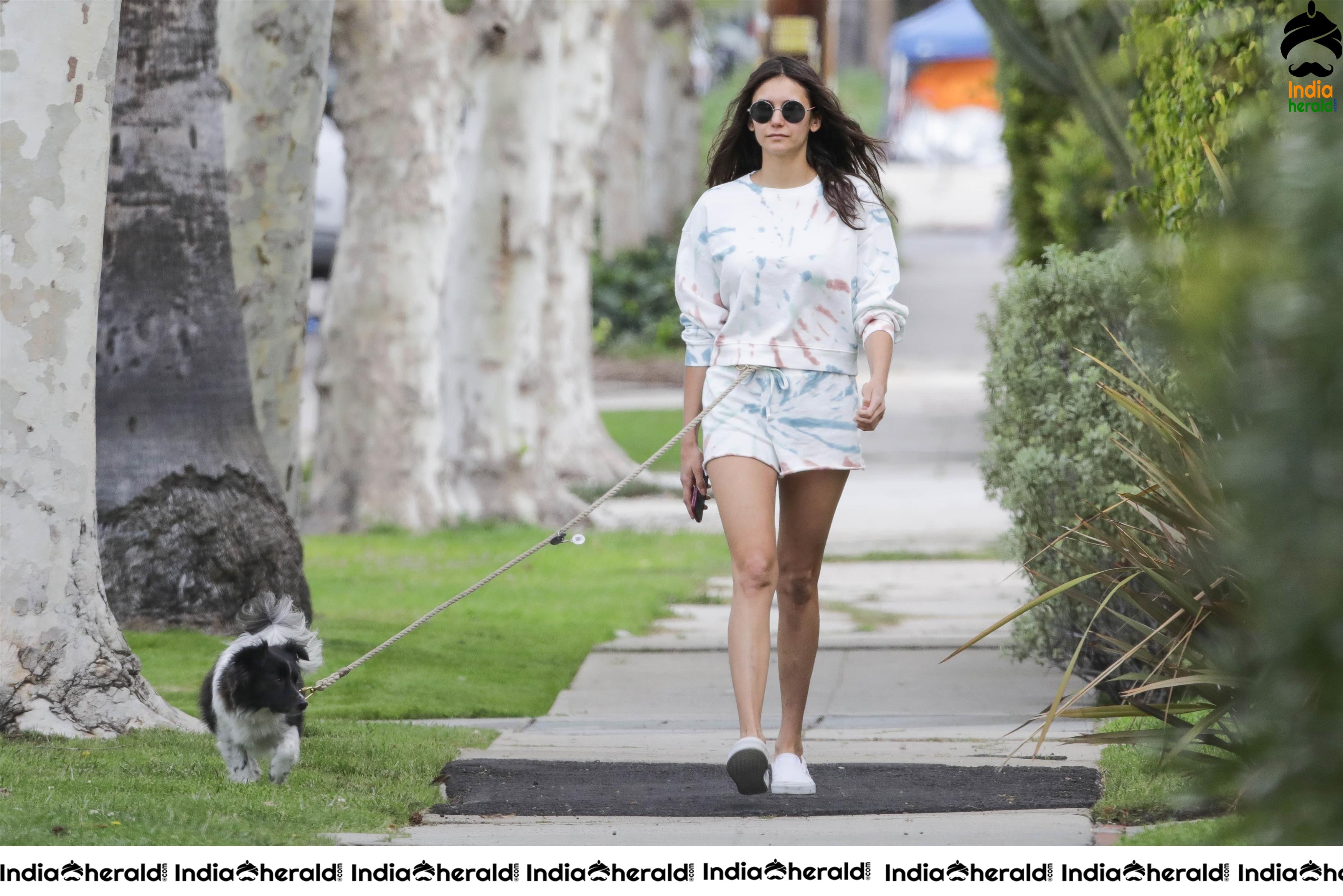 Nina Dobrev shows her Thighs while walking her dog in Los Angeles