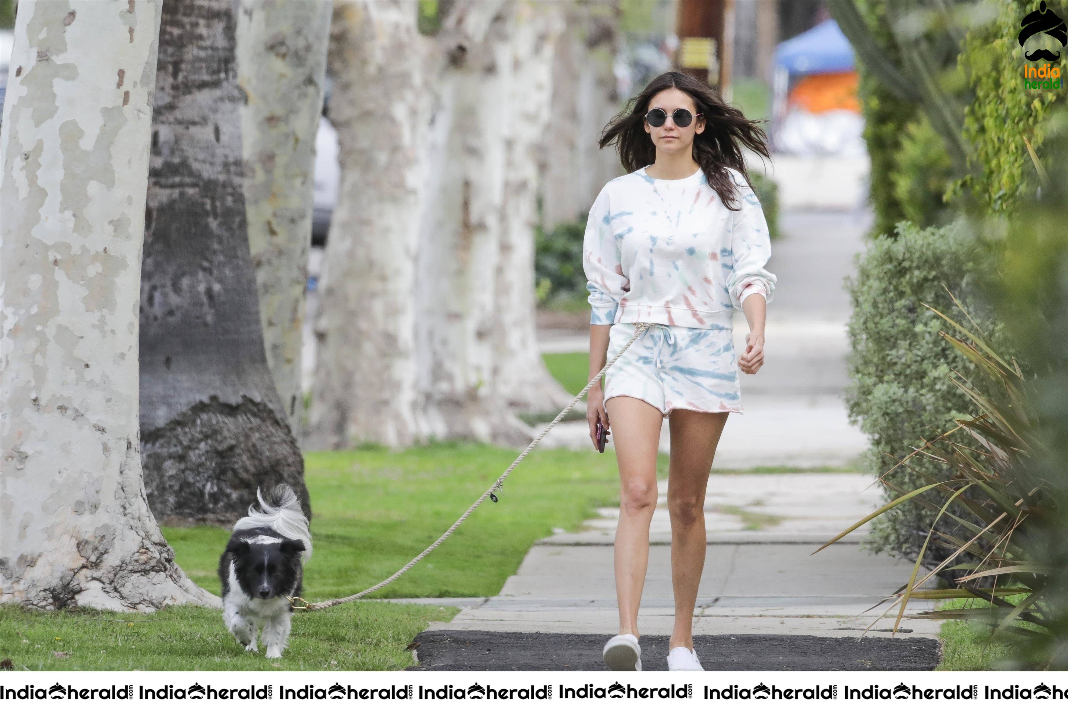 Nina Dobrev shows her Thighs while walking her dog in Los Angeles