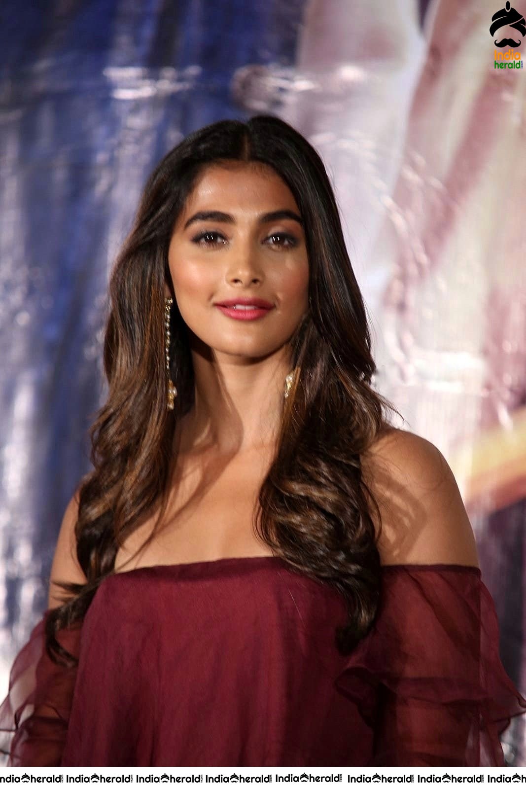 Pooja Hegde Looking Super Hot and Sexy in Maroon Low Neck Top Set 1