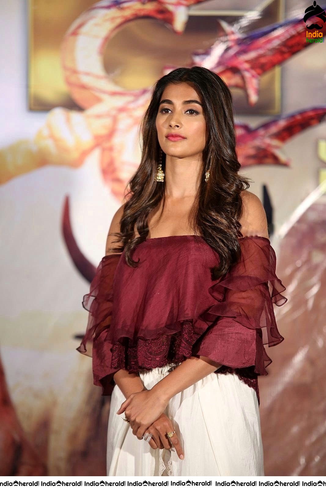 Pooja Hegde Looking Super Hot and Sexy in Maroon Low Neck Top Set 1