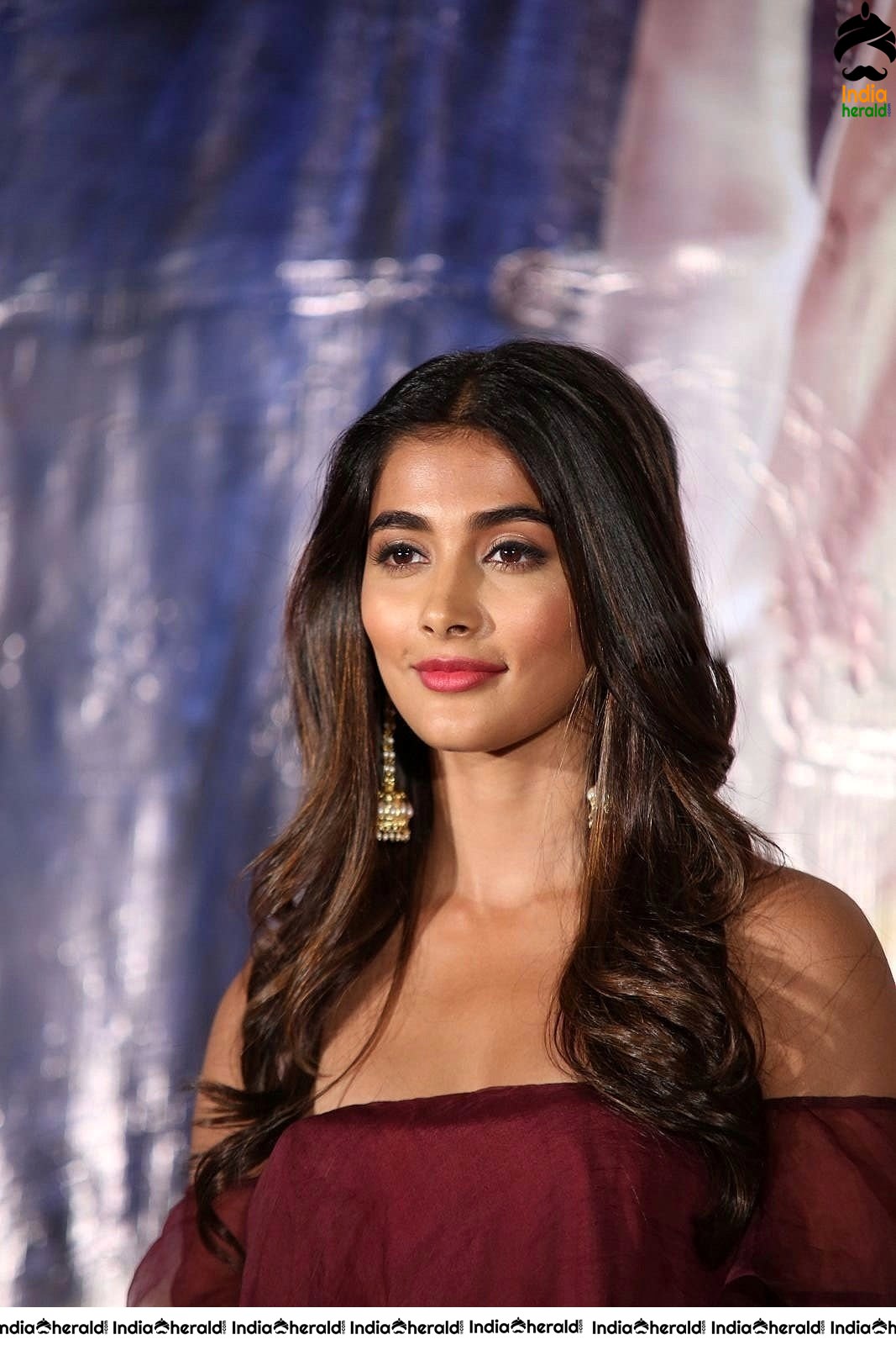 Pooja Hegde Looking Super Hot and Sexy in Maroon Low Neck Top Set 1