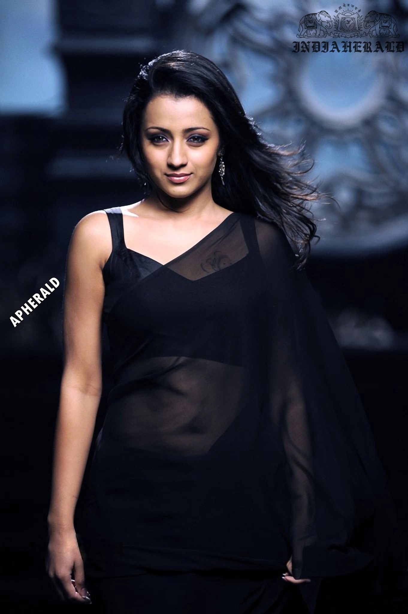 Trisha tempts our mood by exposing her navel and waist in Black transparent saree Set 2