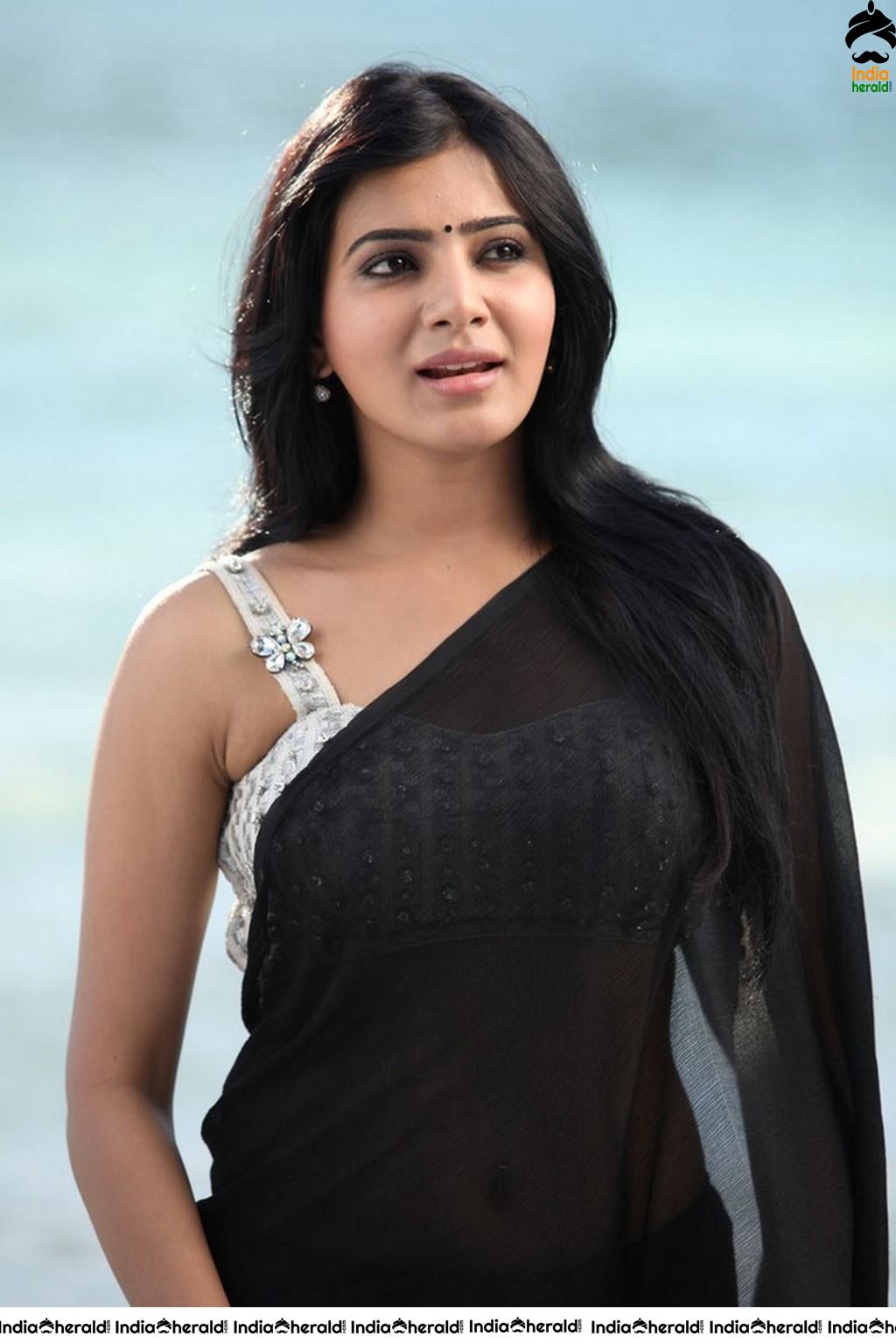 Samantha Unseen Hot Photos in Sleeveless Blouse and Black Transparent Saree Set 2