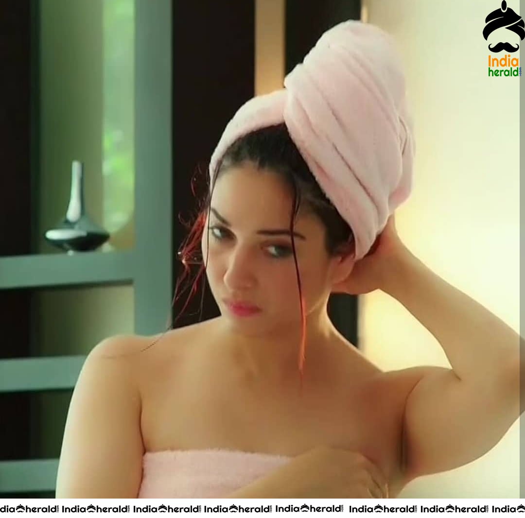 Tamannaah Hot and Wet Photos in Bath Towel after taking Bath