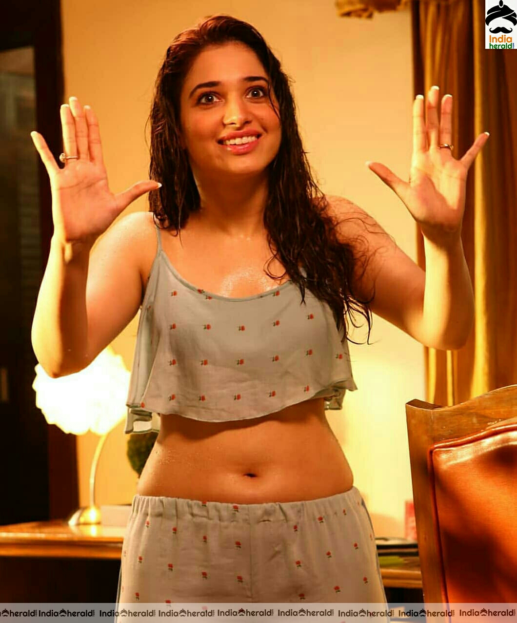 Tamannaah Shows Her Sexy Navel And Milky White Tummy In Night Dress