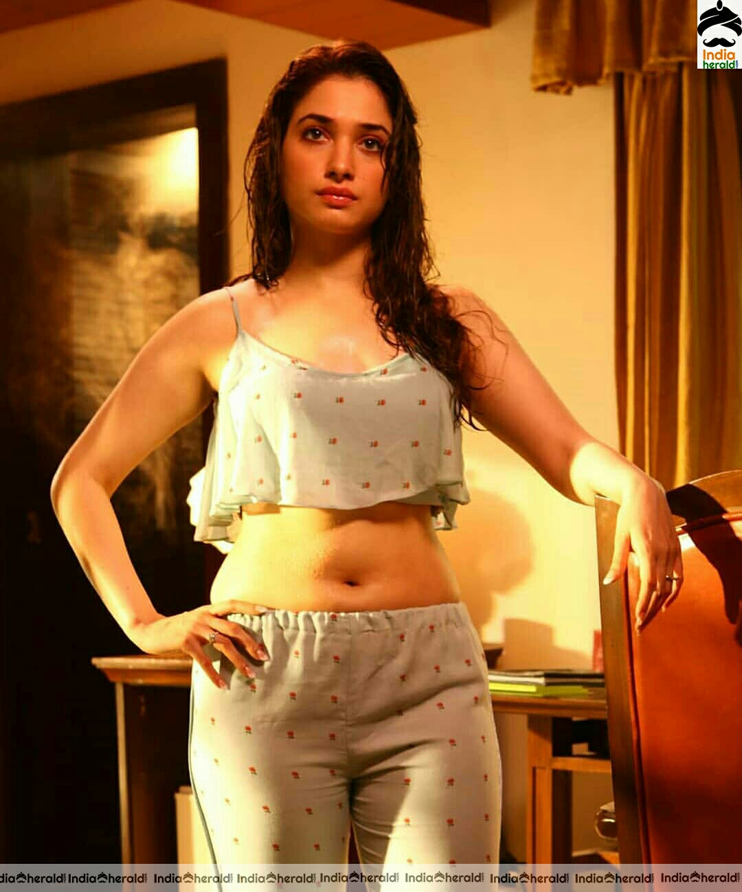 Tamannaah Shows Her Sexy Navel And Milky White Tummy In Night Dress