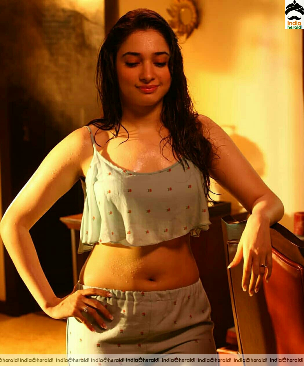 Tamannaah Shows Her Sexy Navel And Milky White Tummy In Night Dress