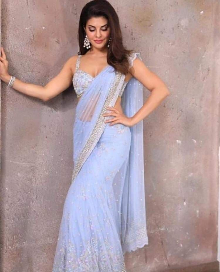 Bollywood Actress Jacqueline Fernandez Designer Beige Saree & BLOUSE  REPLICA | eBay