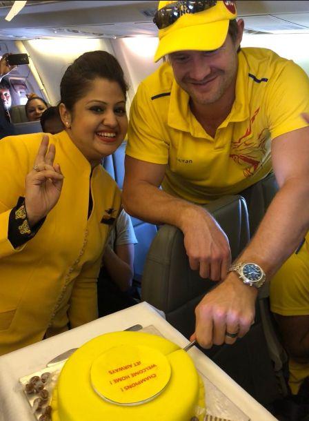 Chennai Super Kings Celebrations in Flight Photos