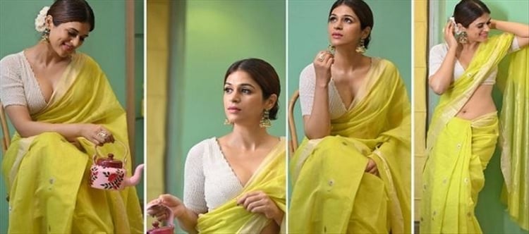 anushka hot navel in yellow saree